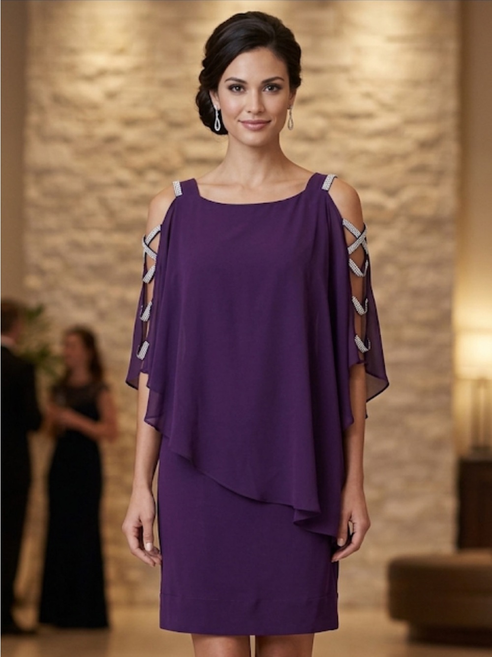 Elegant Cold-Shoulder Purple Dress with Embellished Sleeves